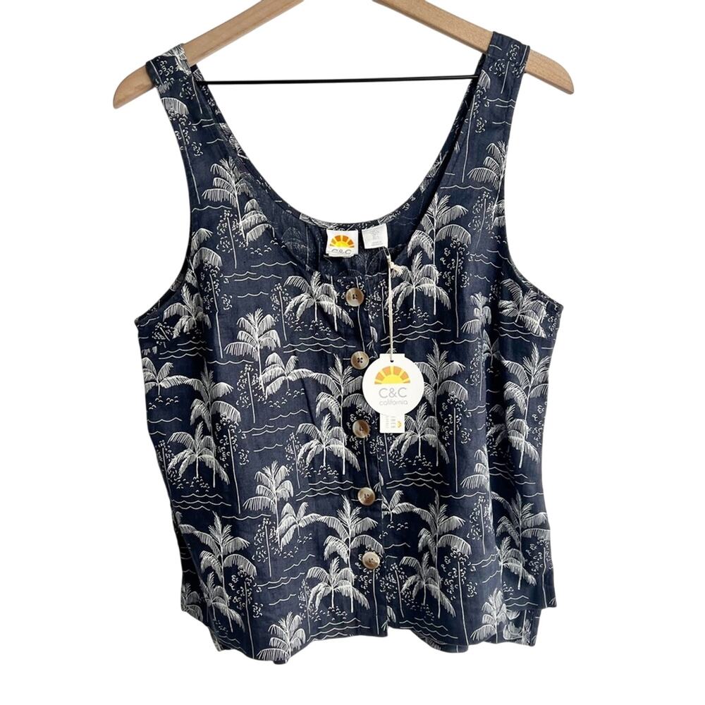 C&C California Linen Blue White Palm Print Sleeveless Top Size Large New
